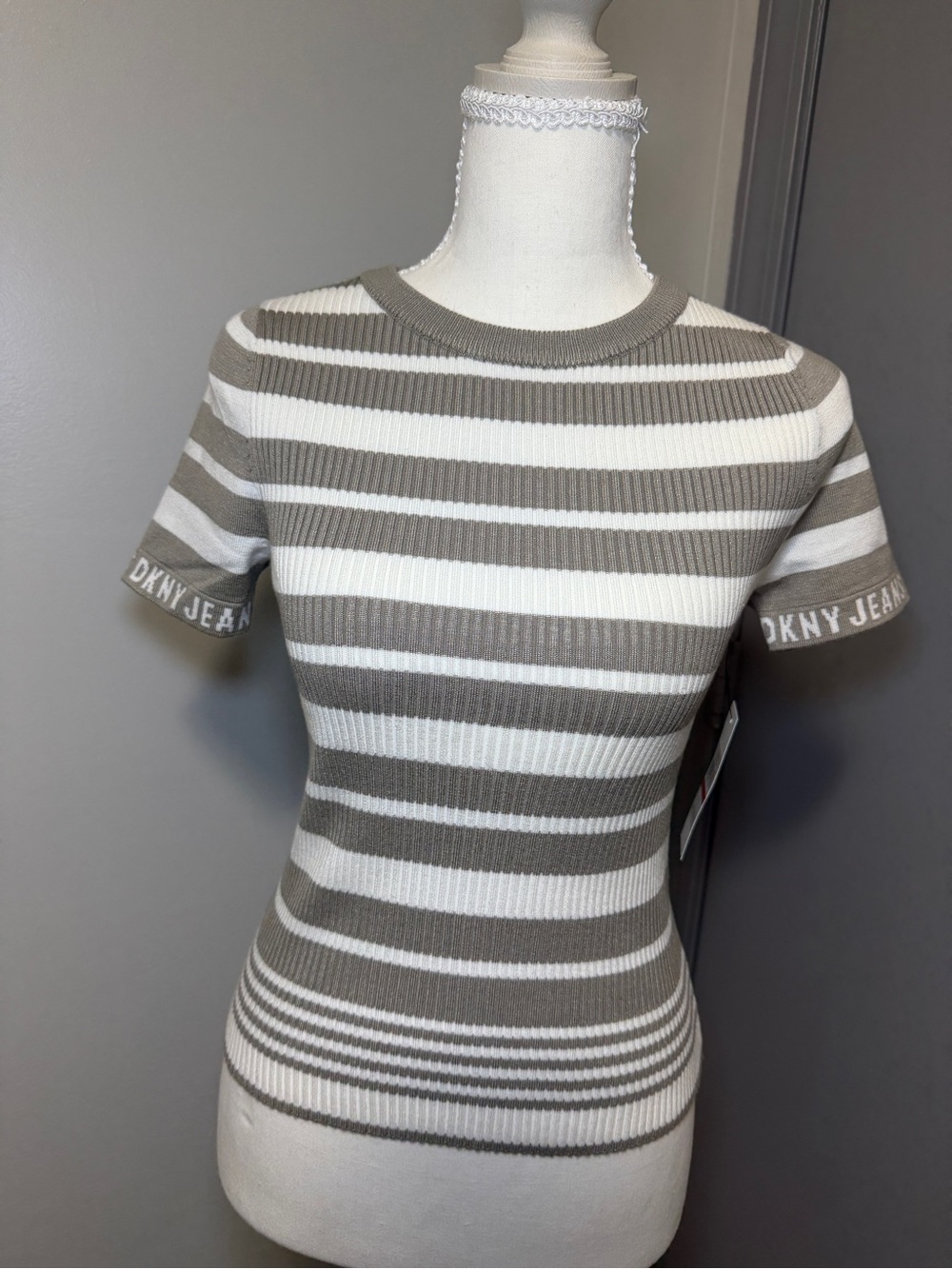 DKNY Brown and White Striped Tee
